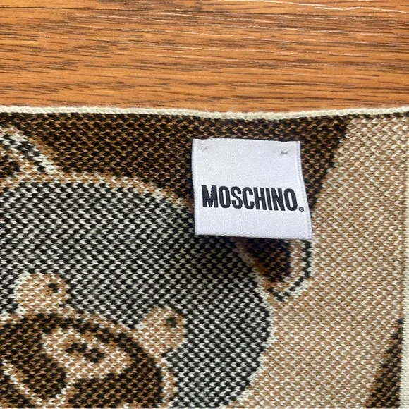 Moschino Teddy Bear Scarf Knit Logo Shawl Brown White - Picture 2 of 5